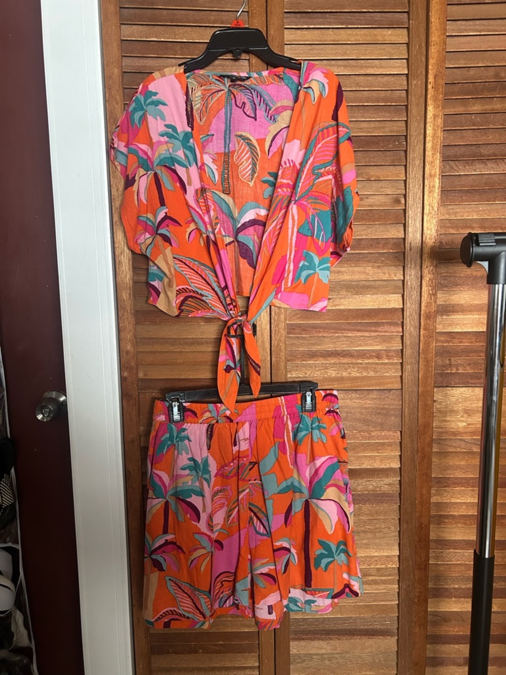 Tropical Print Tie-Front Top & Shorts Set - Orange Pink Green Sz xL